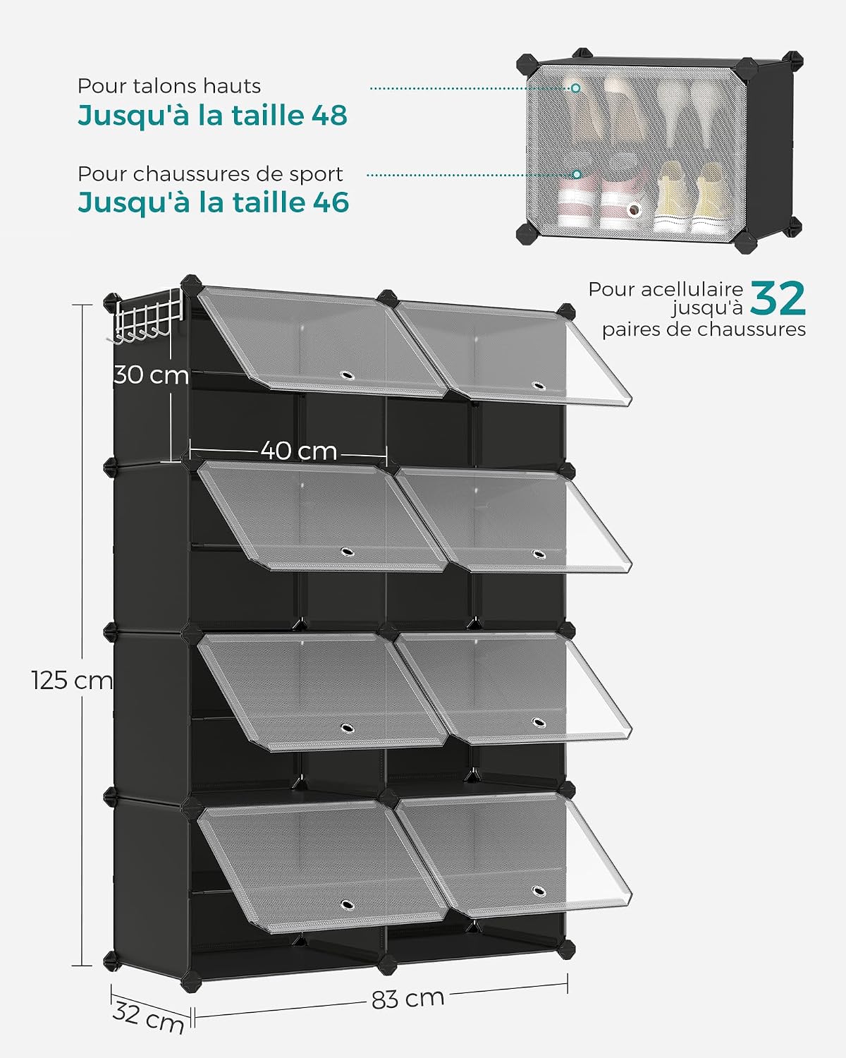 SONGMICS Étagère à Chaussures 10 Compartiments, Étagère de Rangement Modulable, Compartiment de 30 x 40 x 30 cm, Porte, Cadre en Acier, Plastique, pour Couloir, Chambre, Entrée, Noir LPC035B01