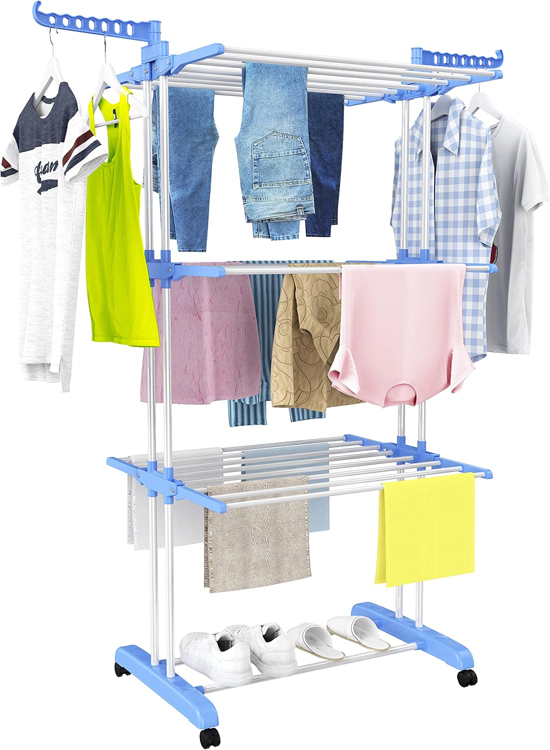 Etendoir Linge Interieur Exterieur, 4 Niveaux Pliable Sechoir a Linge, Gris | Acier Inoxydable Grande Seche Linge Etendoir avec Roues