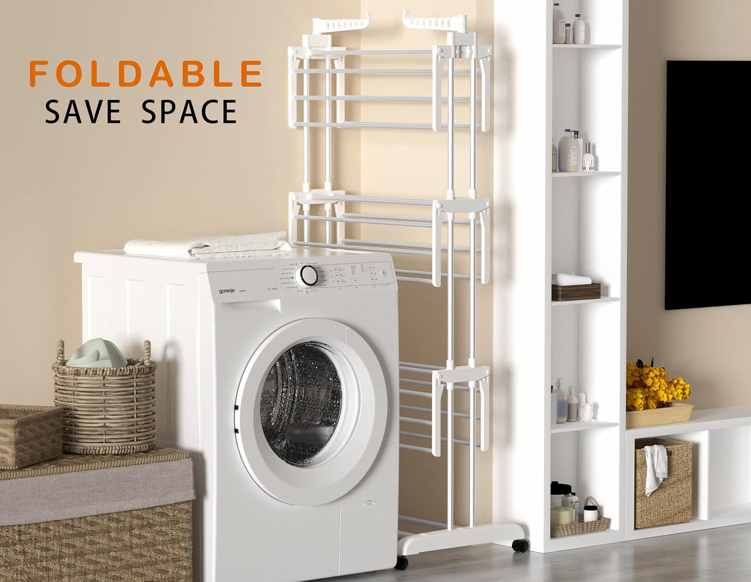 Etendoir Linge Interieur Exterieur, 4 Niveaux Pliable Sechoir a Linge, Gris | Acier Inoxydable Grande Seche Linge Etendoir avec Roues