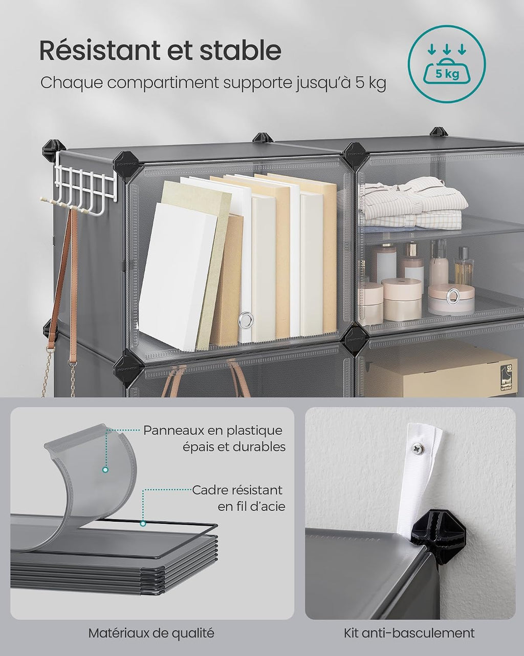 SONGMICS Étagère à Chaussures 10 Compartiments, Étagère de Rangement Modulable, Compartiment de 30 x 40 x 30 cm, Porte, Cadre en Acier, Plastique, pour Couloir, Chambre, Entrée, Noir LPC035B01