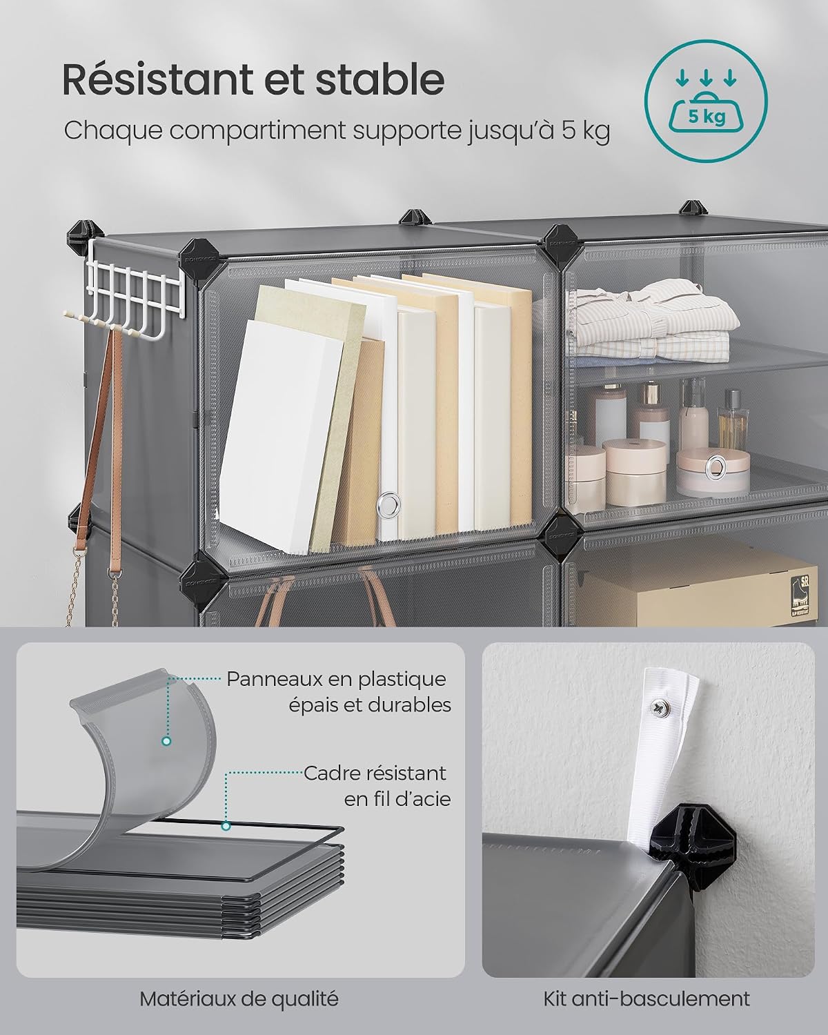 SONGMICS Étagère à Chaussures 10 Compartiments, Étagère de Rangement Modulable, Compartiment de 30 x 40 x 30 cm, Porte, Cadre en Acier, Plastique, pour Couloir, Chambre, Entrée, Noir LPC035B01