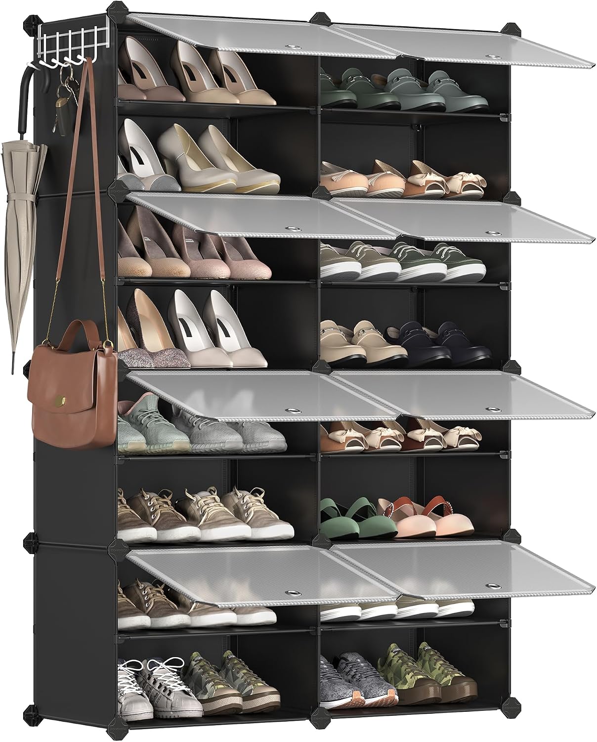 SONGMICS Étagère à Chaussures 10 Compartiments, Étagère de Rangement Modulable, Compartiment de 30 x 40 x 30 cm, Porte, Cadre en Acier, Plastique, pour Couloir, Chambre, Entrée, Noir LPC035B01