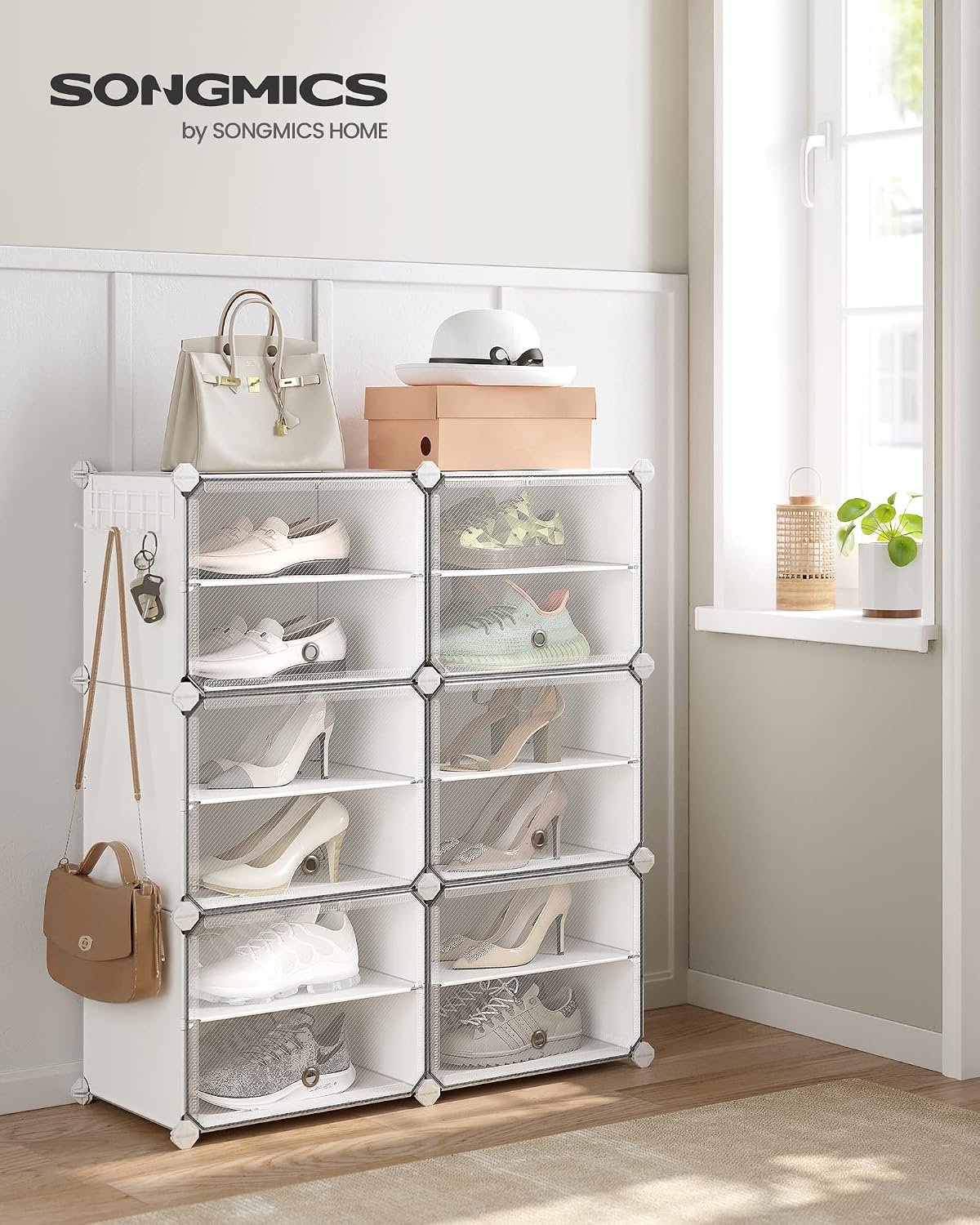 SONGMICS Étagère à Chaussures 10 Compartiments, Étagère de Rangement Modulable, Compartiment de 30 x 40 x 30 cm, Porte, Cadre en Acier, Plastique, pour Couloir, Chambre, Entrée, Noir LPC035B01