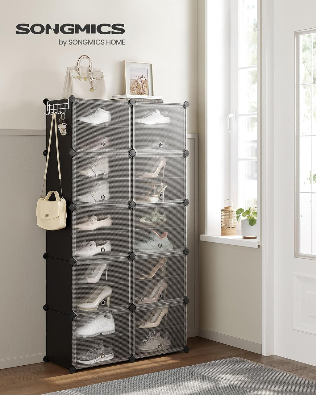 SONGMICS Étagère à Chaussures 10 Compartiments, Étagère de Rangement Modulable, Compartiment de 30 x 40 x 30 cm, Porte, Cadre en Acier, Plastique, pour Couloir, Chambre, Entrée, Noir LPC035B01