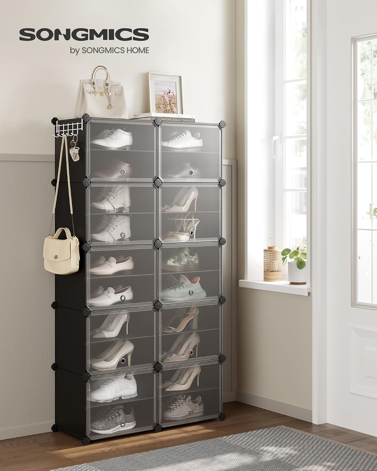 SONGMICS Étagère à Chaussures 10 Compartiments, Étagère de Rangement Modulable, Compartiment de 30 x 40 x 30 cm, Porte, Cadre en Acier, Plastique, pour Couloir, Chambre, Entrée, Noir LPC035B01