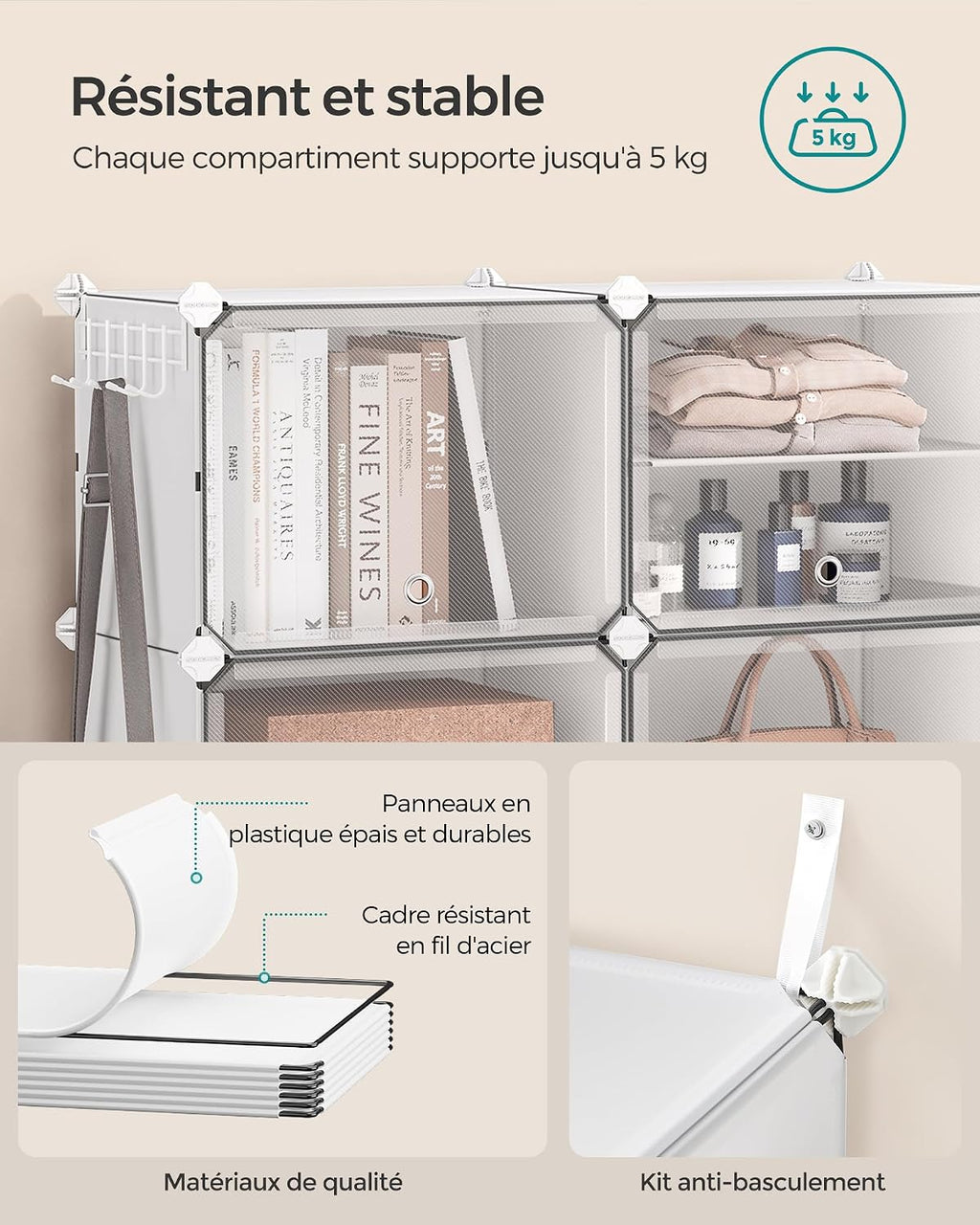 SONGMICS Étagère à Chaussures 10 Compartiments, Étagère de Rangement Modulable, Compartiment de 30 x 40 x 30 cm, Porte, Cadre en Acier, Plastique, pour Couloir, Chambre, Entrée, Noir LPC035B01