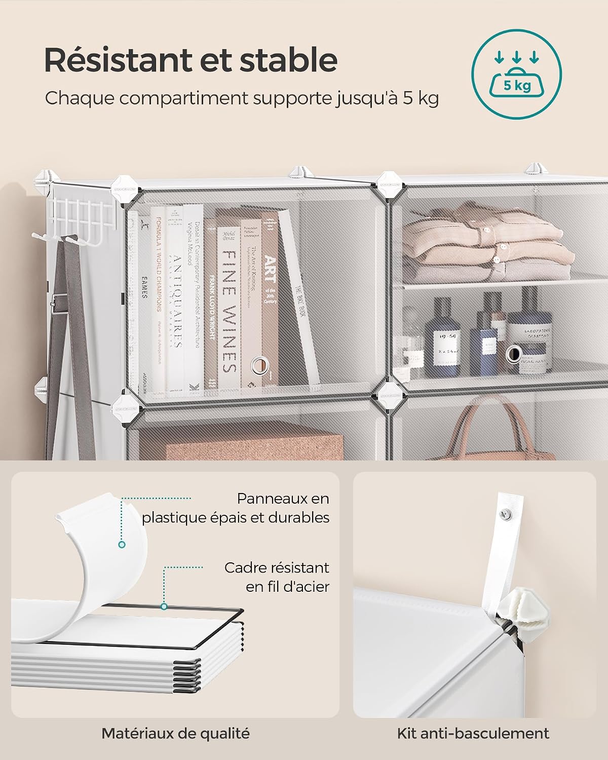 SONGMICS Étagère à Chaussures 10 Compartiments, Étagère de Rangement Modulable, Compartiment de 30 x 40 x 30 cm, Porte, Cadre en Acier, Plastique, pour Couloir, Chambre, Entrée, Noir LPC035B01