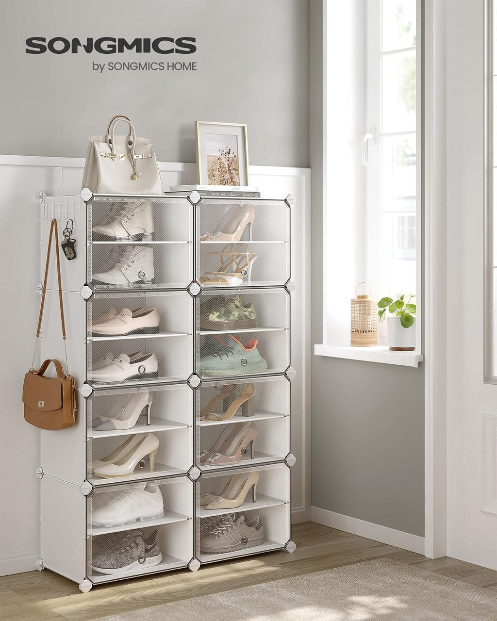 SONGMICS Étagère à Chaussures 10 Compartiments, Étagère de Rangement Modulable, Compartiment de 30 x 40 x 30 cm, Porte, Cadre en Acier, Plastique, pour Couloir, Chambre, Entrée, Noir LPC035B01