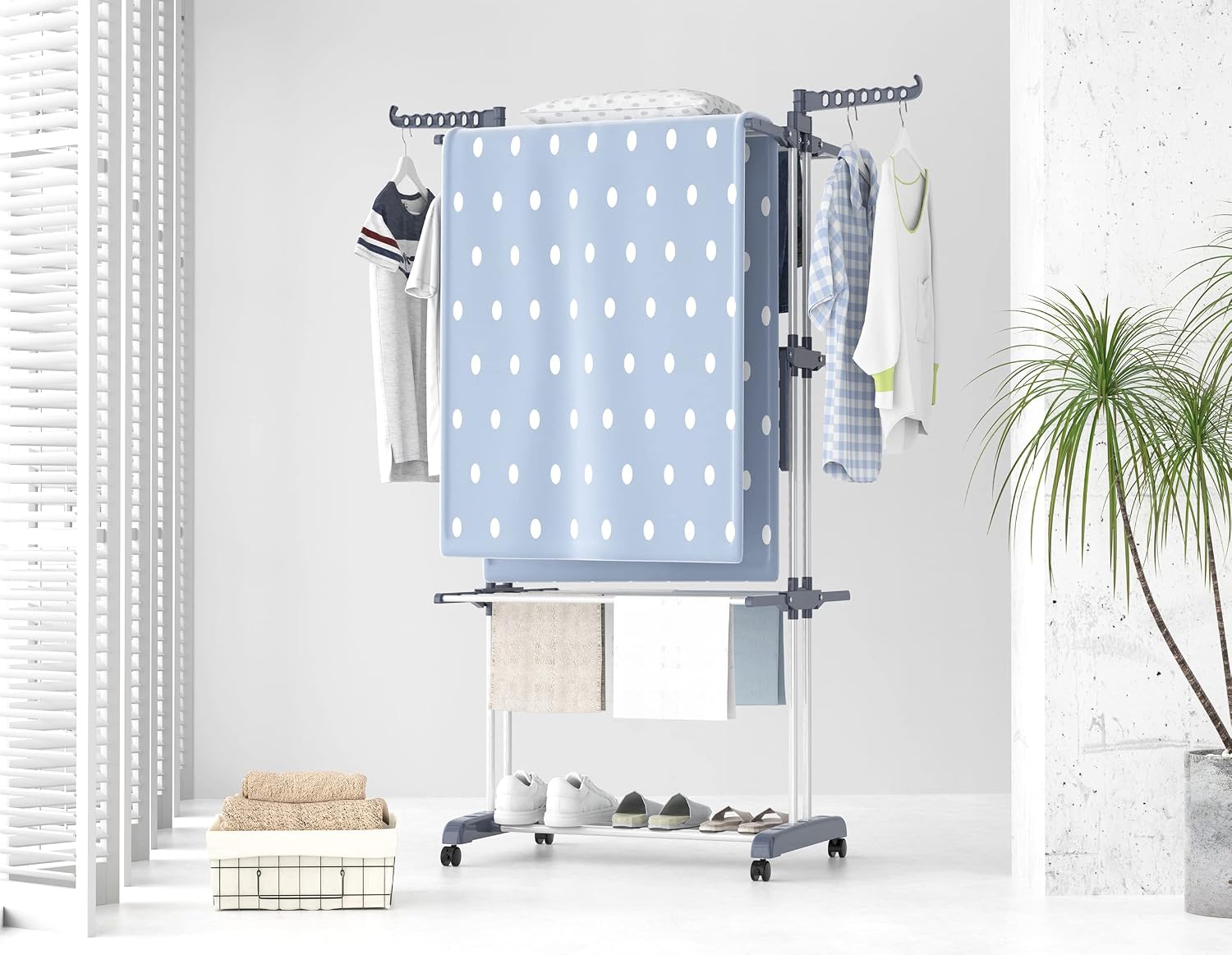 Etendoir Linge Interieur Exterieur, 4 Niveaux Pliable Sechoir a Linge, Gris | Acier Inoxydable Grande Seche Linge Etendoir avec Roues