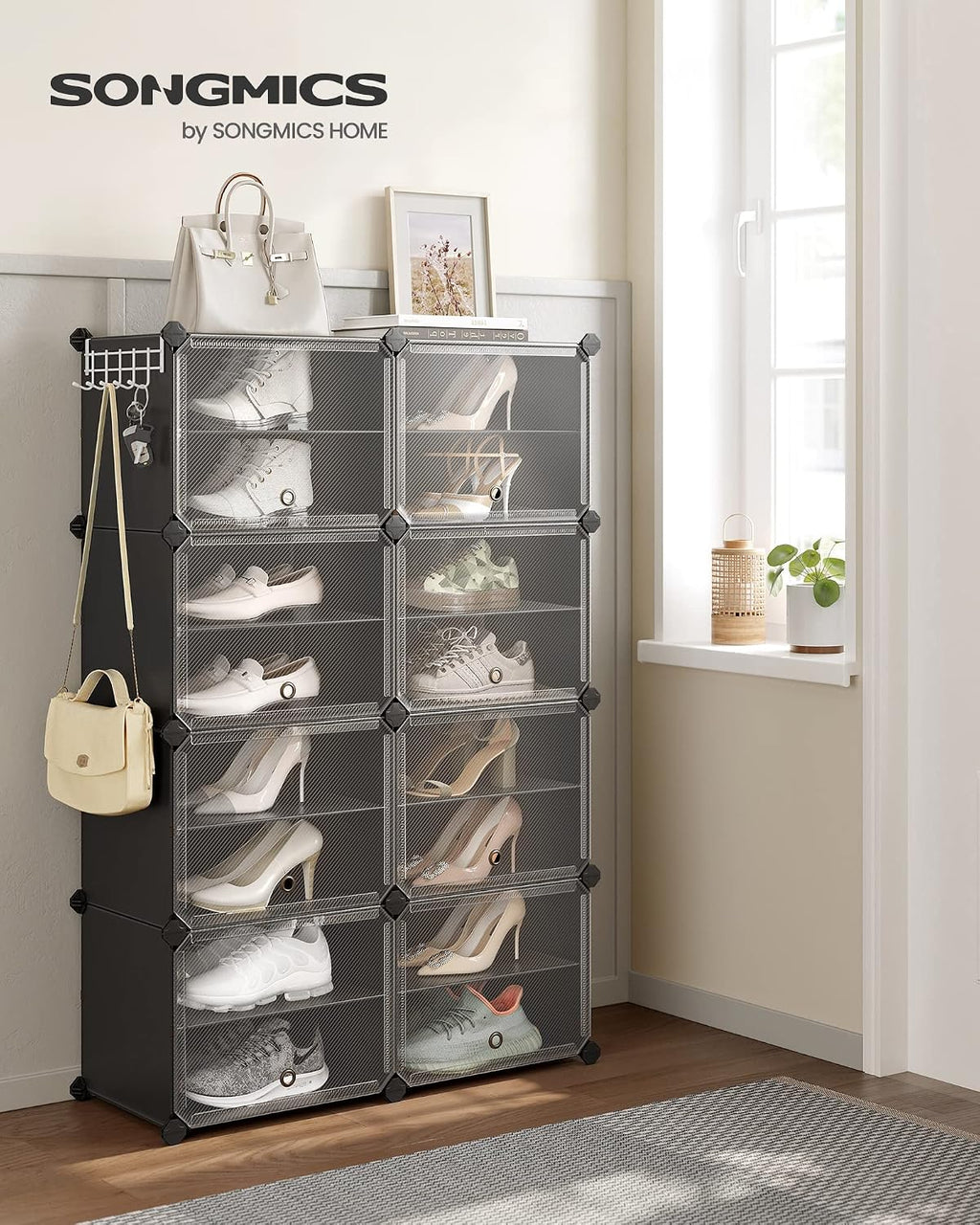 SONGMICS Étagère à Chaussures 10 Compartiments, Étagère de Rangement Modulable, Compartiment de 30 x 40 x 30 cm, Porte, Cadre en Acier, Plastique, pour Couloir, Chambre, Entrée, Noir LPC035B01