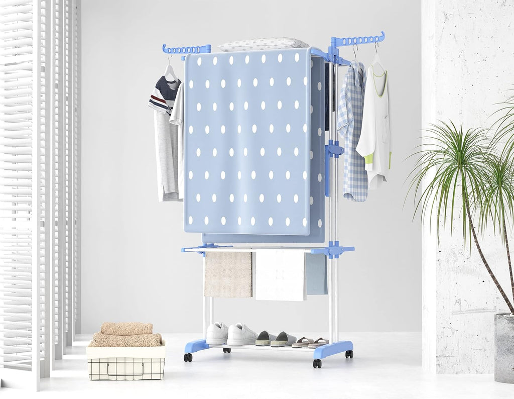 Etendoir Linge Interieur Exterieur, 4 Niveaux Pliable Sechoir a Linge, Gris | Acier Inoxydable Grande Seche Linge Etendoir avec Roues