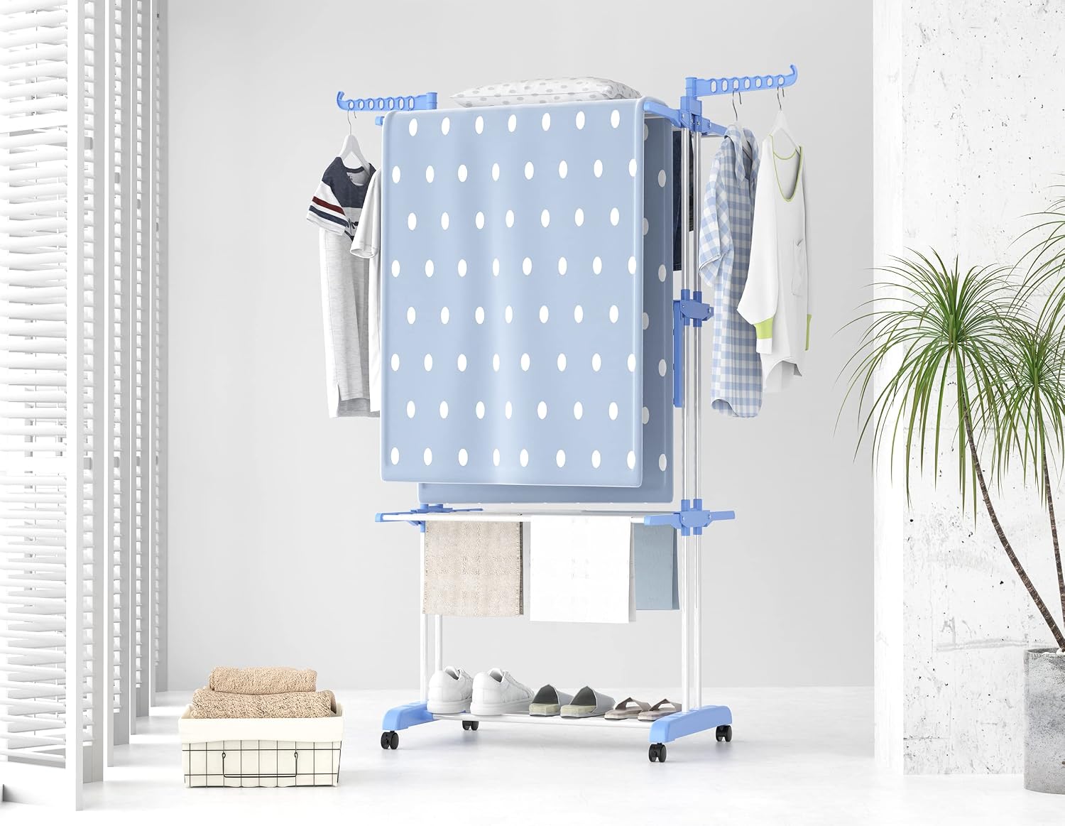 Etendoir Linge Interieur Exterieur, 4 Niveaux Pliable Sechoir a Linge, Gris | Acier Inoxydable Grande Seche Linge Etendoir avec Roues
