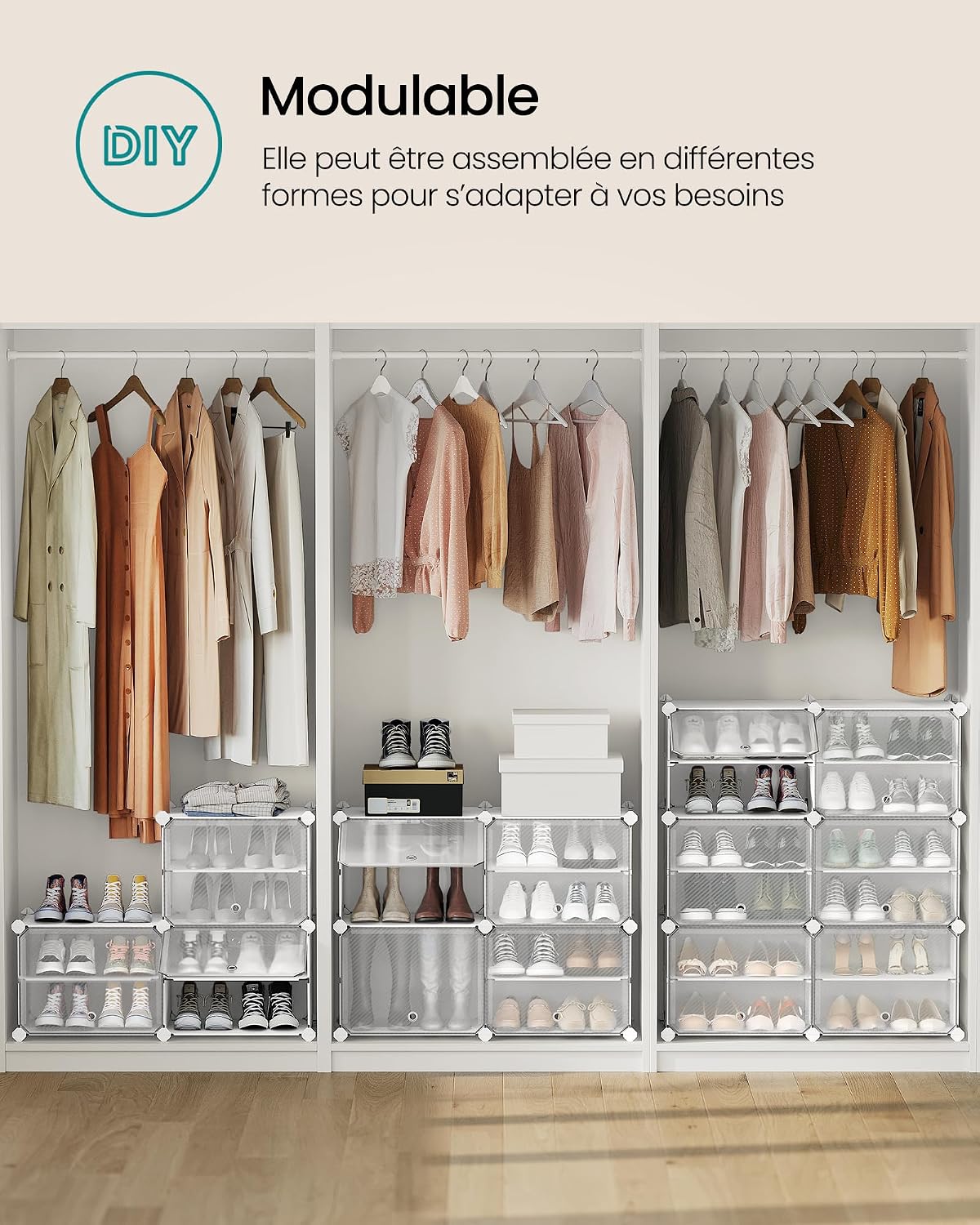 SONGMICS Étagère à Chaussures 10 Compartiments, Étagère de Rangement Modulable, Compartiment de 30 x 40 x 30 cm, Porte, Cadre en Acier, Plastique, pour Couloir, Chambre, Entrée, Noir LPC035B01