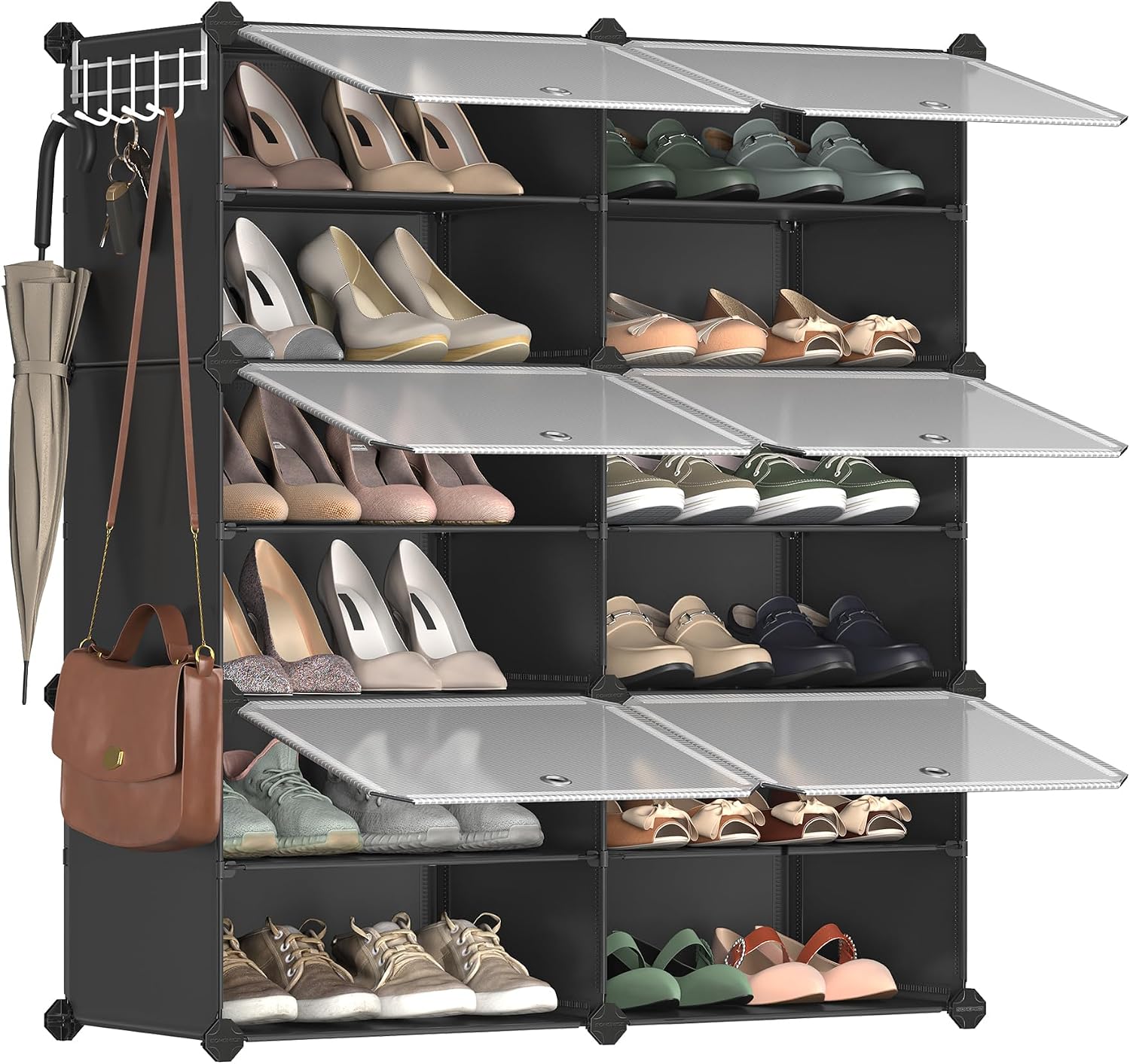 SONGMICS Étagère à Chaussures 10 Compartiments, Étagère de Rangement Modulable, Compartiment de 30 x 40 x 30 cm, Porte, Cadre en Acier, Plastique, pour Couloir, Chambre, Entrée, Noir LPC035B01