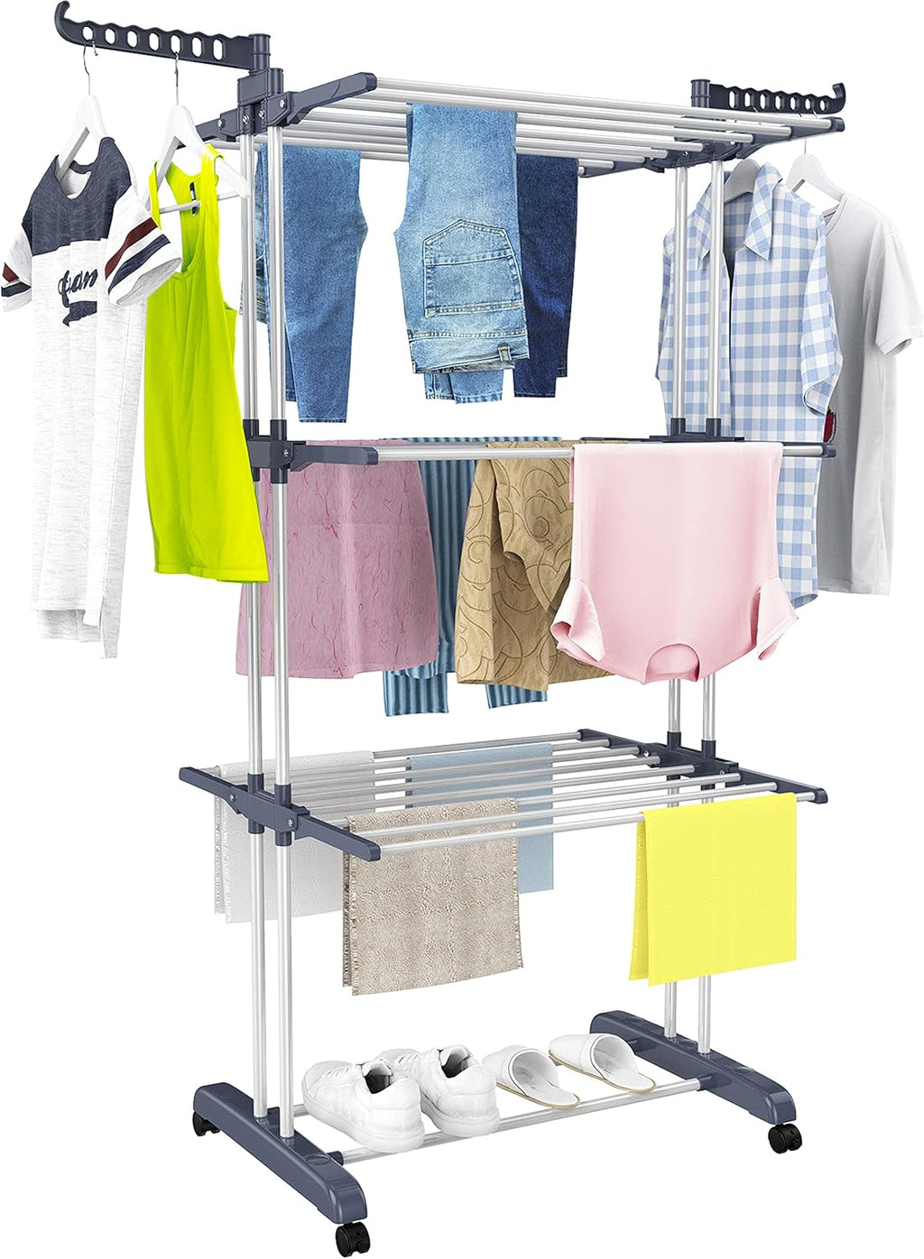 Etendoir Linge Interieur Exterieur, 4 Niveaux Pliable Sechoir a Linge, Gris | Acier Inoxydable Grande Seche Linge Etendoir avec Roues