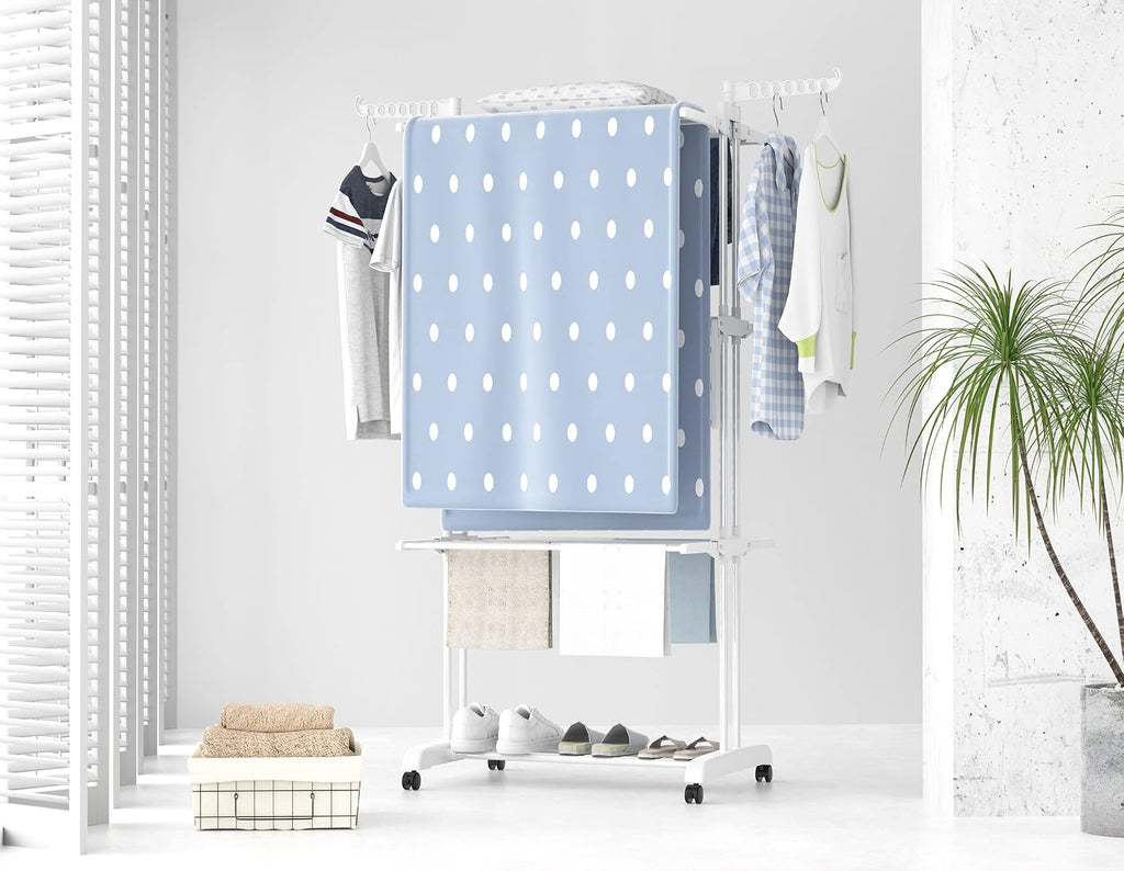 Etendoir Linge Interieur Exterieur, 4 Niveaux Pliable Sechoir a Linge, Gris | Acier Inoxydable Grande Seche Linge Etendoir avec Roues