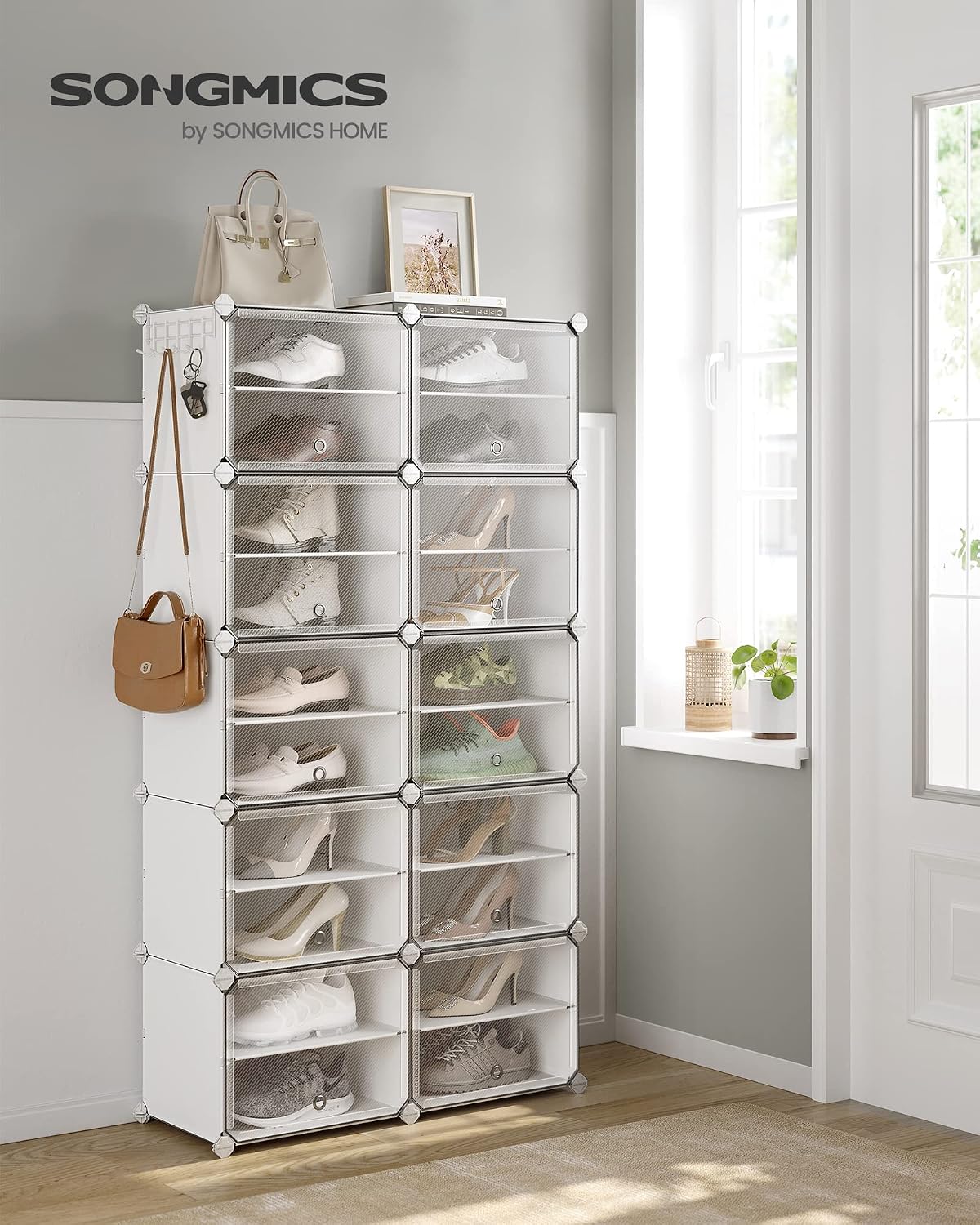 SONGMICS Étagère à Chaussures 10 Compartiments, Étagère de Rangement Modulable, Compartiment de 30 x 40 x 30 cm, Porte, Cadre en Acier, Plastique, pour Couloir, Chambre, Entrée, Noir LPC035B01