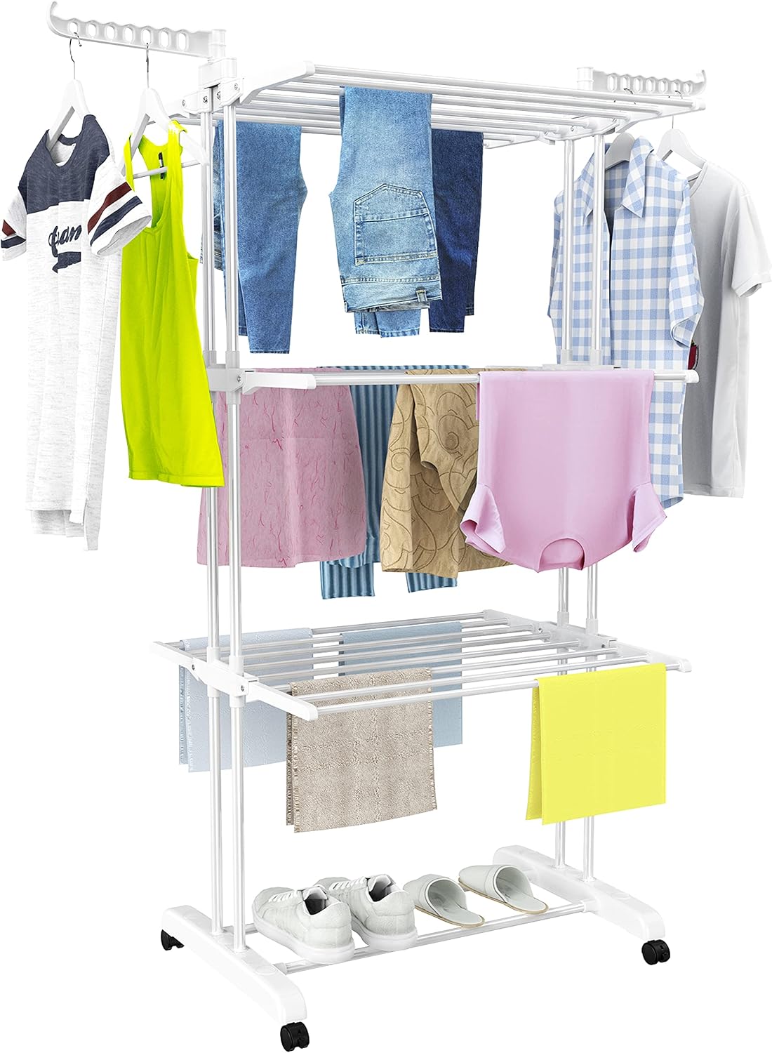 Etendoir Linge Interieur Exterieur, 4 Niveaux Pliable Sechoir a Linge, Gris | Acier Inoxydable Grande Seche Linge Etendoir avec Roues