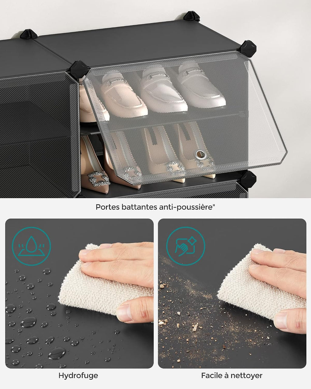 SONGMICS Étagère à Chaussures 10 Compartiments, Étagère de Rangement Modulable, Compartiment de 30 x 40 x 30 cm, Porte, Cadre en Acier, Plastique, pour Couloir, Chambre, Entrée, Noir LPC035B01