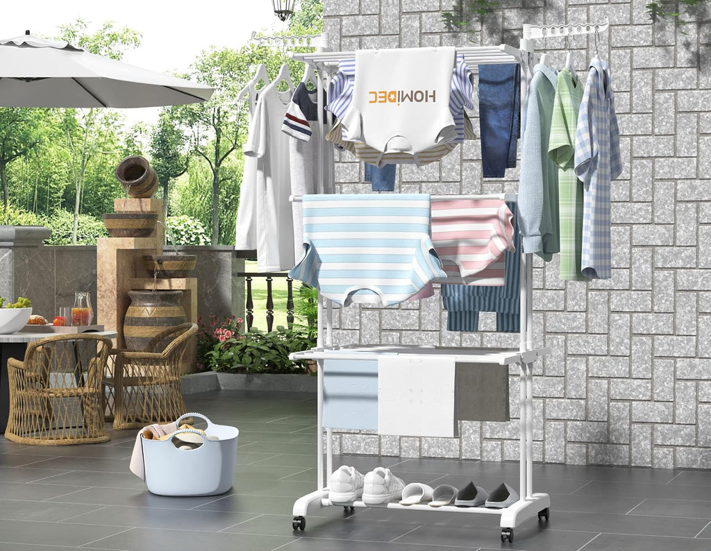 Etendoir Linge Interieur Exterieur, 4 Niveaux Pliable Sechoir a Linge, Gris | Acier Inoxydable Grande Seche Linge Etendoir avec Roues