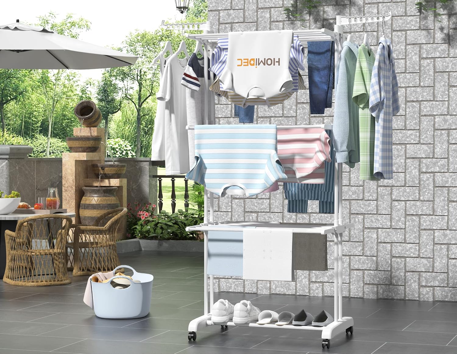 Etendoir Linge Interieur Exterieur, 4 Niveaux Pliable Sechoir a Linge, Gris | Acier Inoxydable Grande Seche Linge Etendoir avec Roues