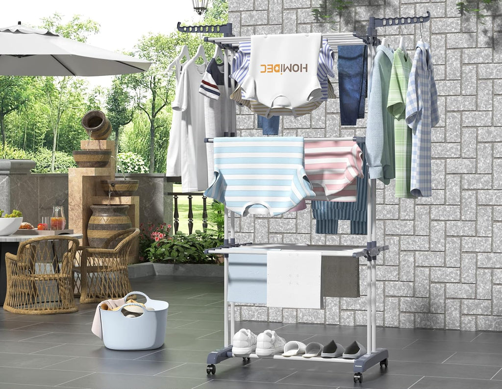 Etendoir Linge Interieur Exterieur, 4 Niveaux Pliable Sechoir a Linge, Gris | Acier Inoxydable Grande Seche Linge Etendoir avec Roues