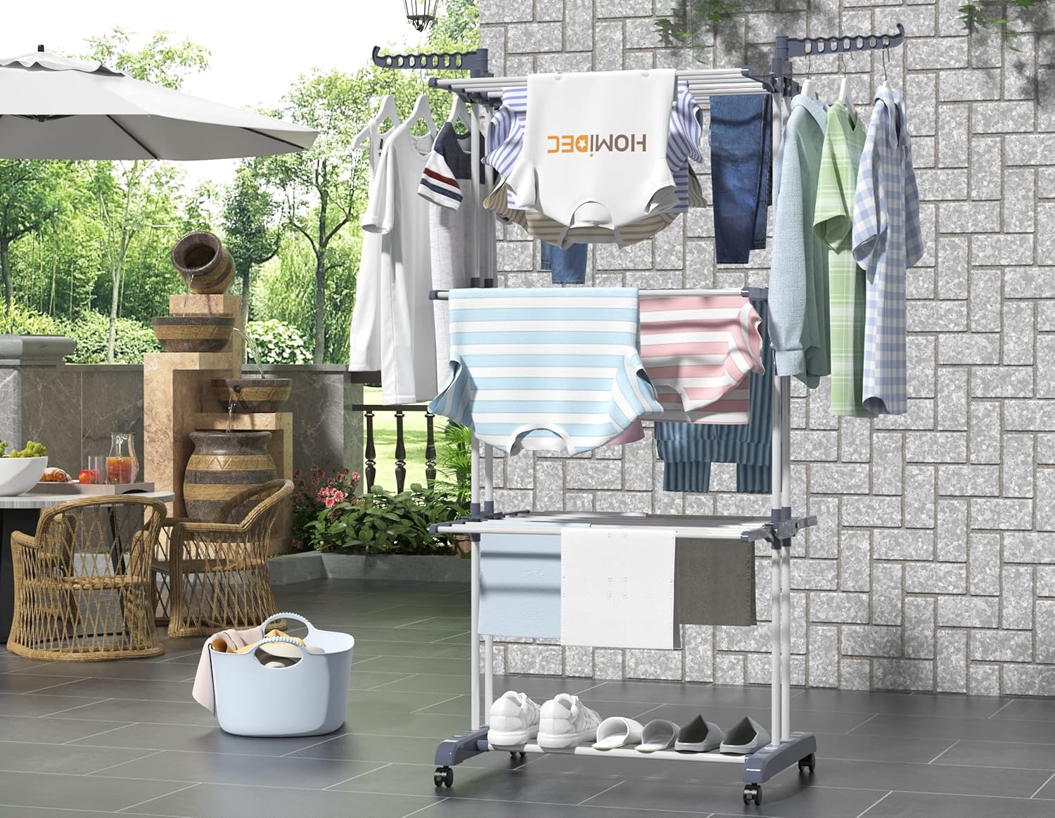 Etendoir Linge Interieur Exterieur, 4 Niveaux Pliable Sechoir a Linge, Gris | Acier Inoxydable Grande Seche Linge Etendoir avec Roues