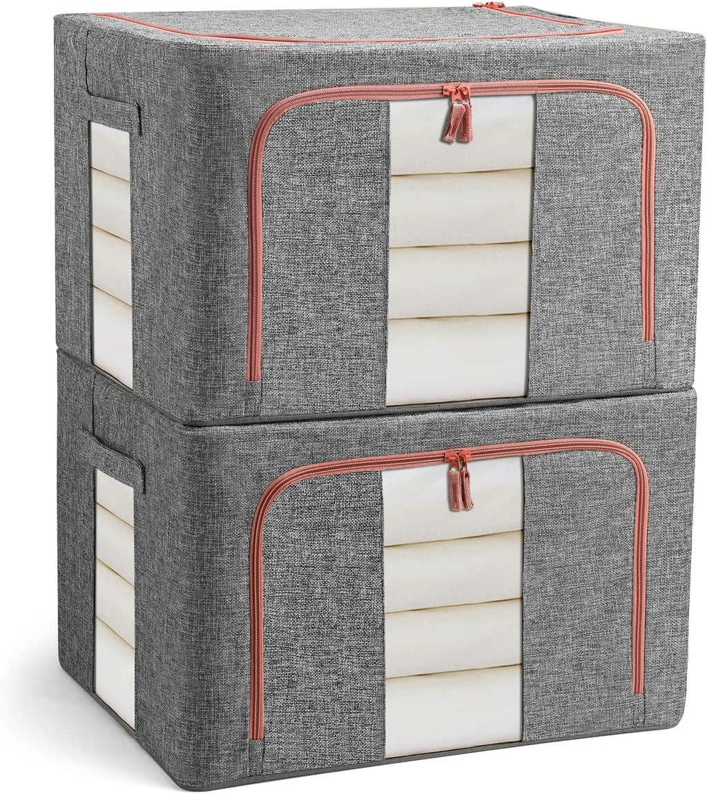 Lot de 2 Sacs de Rangement Pliables et Rigides pour Couettes, B Armoire pour Édredons Couvertures Oreillers Jouets Vestes Vêtements, Avec Fenêtres Transparentes, Gris (22L)