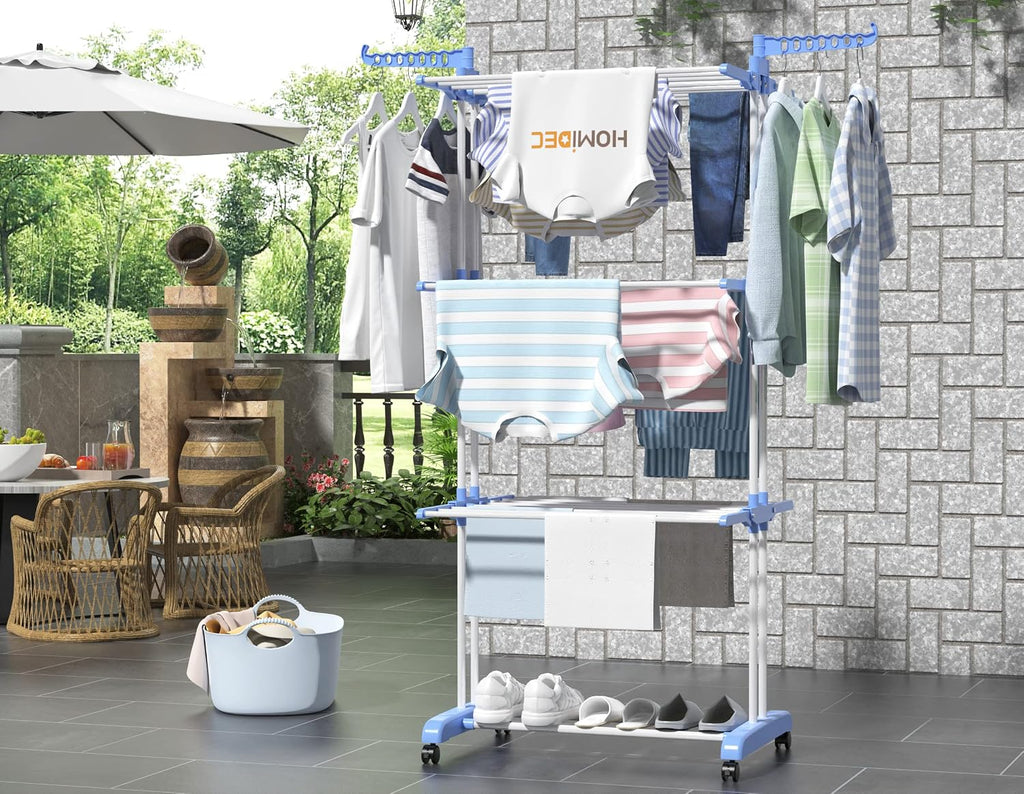 Etendoir Linge Interieur Exterieur, 4 Niveaux Pliable Sechoir a Linge, Gris | Acier Inoxydable Grande Seche Linge Etendoir avec Roues