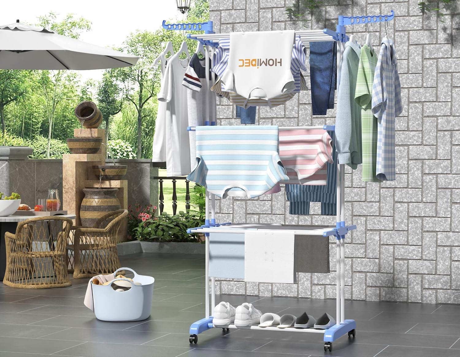 Etendoir Linge Interieur Exterieur, 4 Niveaux Pliable Sechoir a Linge, Gris | Acier Inoxydable Grande Seche Linge Etendoir avec Roues